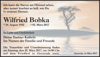 Traueranzeige von Wilfried Bobka von Mitteldeutsche Zeitung Quedlinburg