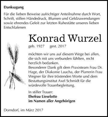 Traueranzeige von Konrad Wurzel von Mitteldeutsche Zeitung Naumburg/Nebra