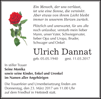 Traueranzeige von Ulrich Dannat von Mitteldeutsche Zeitung Mansfelder Land