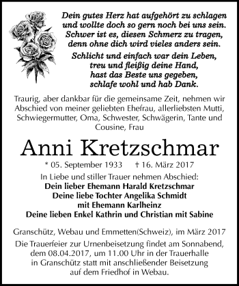 Traueranzeige von Anni Kretzschmar von Mitteldeutsche Zeitung Weißenfels