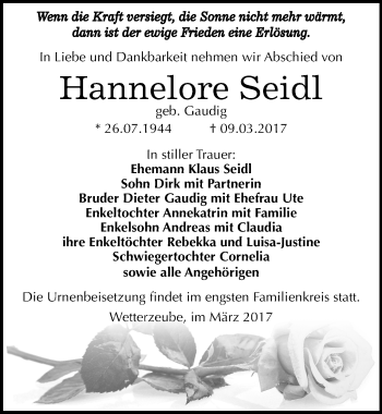 Traueranzeige von Hannelore Seidl von Mitteldeutsche Zeitung