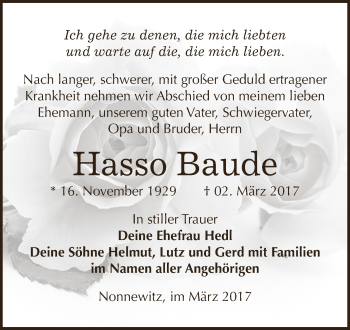 Traueranzeige von Hasso Baude von Super Sonntag Zeitz