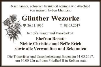 Traueranzeige von Günther Wezorke von Super Sonntag Wittenberg