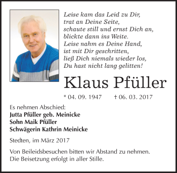 Traueranzeige von Klaus Pfüller von Mitteldeutsche Zeitung Mansfelder Land