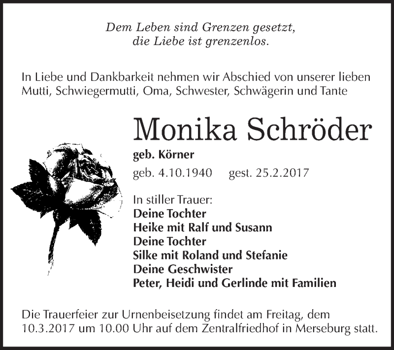  Traueranzeige für Monika Schröder vom 04.03.2017 aus Super Sonntag Halle