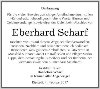 Traueranzeige von Eberhard Scharf von Super Sonntag SGH Mansf. Land