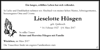 Traueranzeige von Lieselotte Hüsgen von Mitteldeutsche Zeitung Bitterfeld