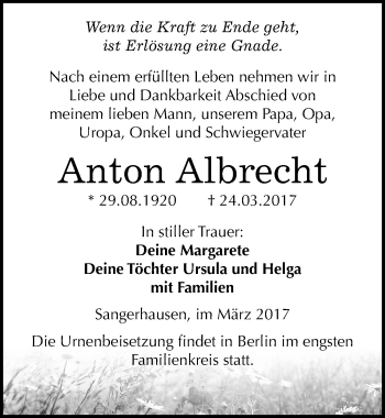 Traueranzeige von Anton Albrecht von Mitteldeutsche Zeitung Sangerhausen