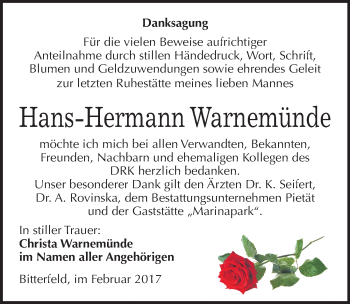 Traueranzeige von Hans-Hermann Warnemünde von Mitteldeutsche Zeitung Bitterfeld