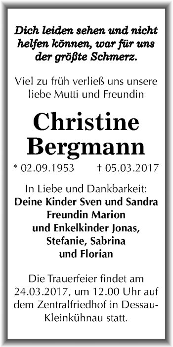 Traueranzeige von Christeine Bergmann von Mitteldeutsche Zeitung Dessau-Roßlau