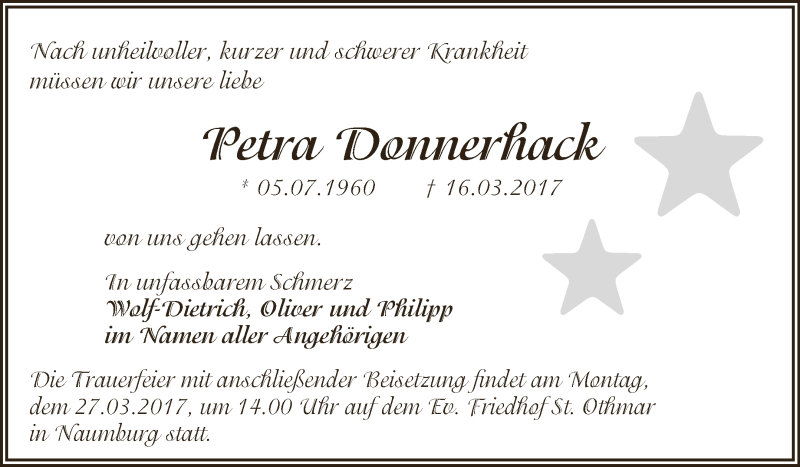  Traueranzeige für Petra Donnerhack vom 22.03.2017 aus WVG - Wochenspiegel NMB / WSF / ZTZ