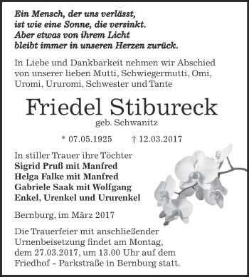 Traueranzeige von Friedel Stibureck von Super Sonntag Bernburg