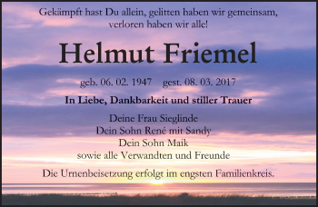 Traueranzeige von Helmut Friemel von Mitteldeutsche Zeitung Bitterfeld