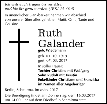 Traueranzeige von Ruth Galander von Mitteldeutsche Zeitung Merseburg/Querfurt