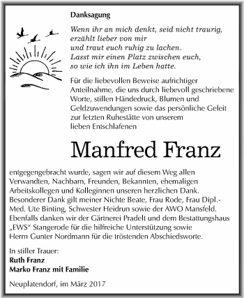 Traueranzeige von Manfred Franz von Super Sonntag Quedlinburg