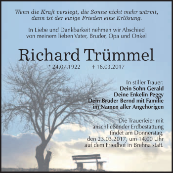 Traueranzeige von Richard Trümmel von WVG - Wochenspiegel Bitterfeld