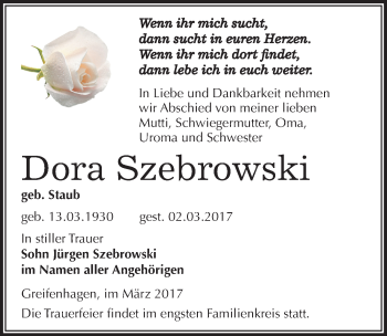 Traueranzeige von Dora Szebrowski von Mitteldeutsche Zeitung Mansfelder Land