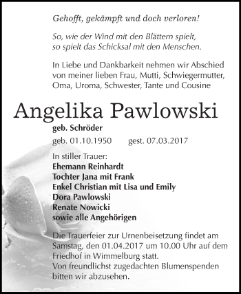 Traueranzeige von Angelika Pawlowski von Super Sonntag SGH Mansf. Land