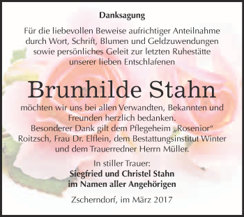Traueranzeige von Brunhilde Stahn von WVG - Wochenspiegel Bitterfeld