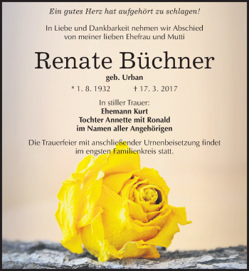 Traueranzeige von Renate Büchner von Mitteldeutsche Zeitung Halle/Saalkreis