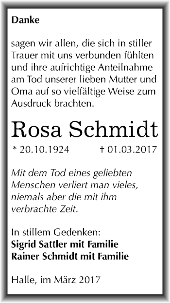 Traueranzeige von Rosa Schmidt von Mitteldeutsche Zeitung Halle/Saalkreis