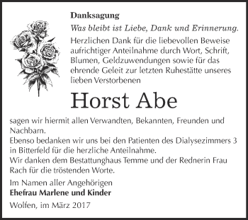 Traueranzeige von Horst Abe von WVG - Wochenspiegel Bitterfeld