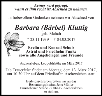 Traueranzeige von Barbara Kluttig von Super Sonntag SGH Mansf. Land