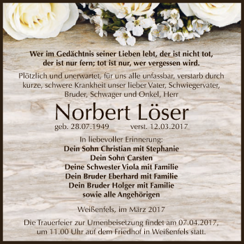 Traueranzeige von Norbert Löser von WVG - Wochenspiegel NMB / WSF / ZTZ