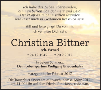 Traueranzeige von Christina Bittner von Super Sonntag Quedlinburg