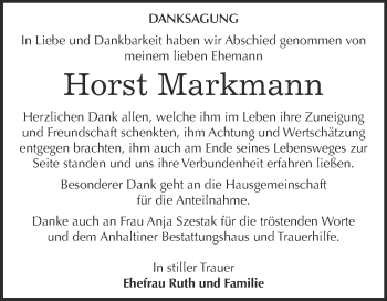 Traueranzeige von Horst Markmann von WVG - Wochenspiegel Dessau / Köthen
