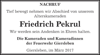 Traueranzeige von Friedrich Pekrul von Super Sonntag SGH Mansf. Land