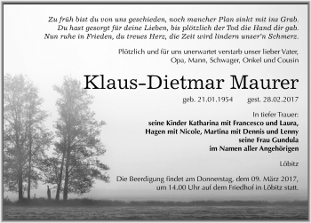 Traueranzeige von Klaus Dietmar Maurer von Mitteldeutsche Zeitung Naumburg/Nebra