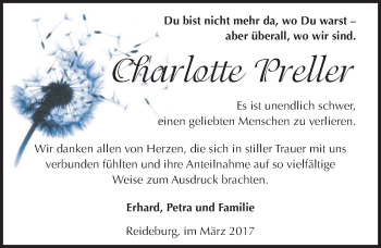 Traueranzeige von Charlotte Preller von Mitteldeutsche Zeitung Halle/Saalkreis