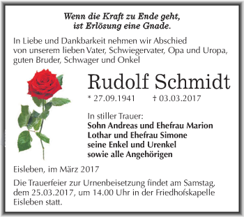 Traueranzeige von Rudolf Schmidt von Super Sonntag SGH Mansf. Land