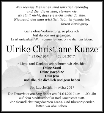Traueranzeige von Ulrike Christiane Kunze von Mitteldeutsche Zeitung Merseburg/Querfurt