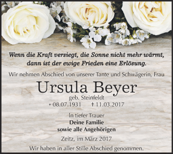 Traueranzeige von Ursula Beyer von Super Sonntag Zeitz