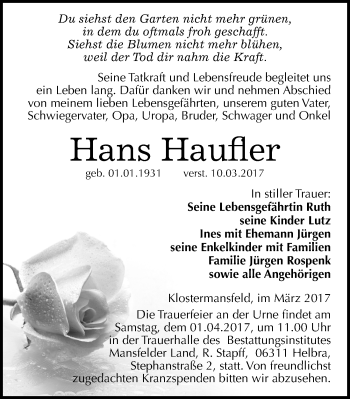 Traueranzeige von Hans Haufler von Mitteldeutsche Zeitung Mansfelder Land