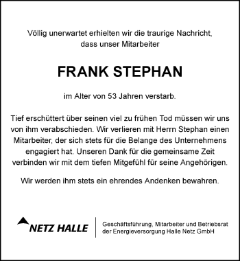 Traueranzeige von Frank Stephan von Mitteldeutsche Zeitung Halle/Saalkreis
