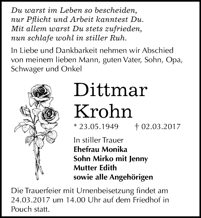 Traueranzeige für Dittmar Krohn vom 21.03.2017 aus Mitteldeutsche Zeitung Bitterfeld