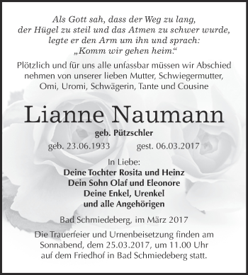 Traueranzeige von Lianne Naumann von Super Sonntag Wittenberg