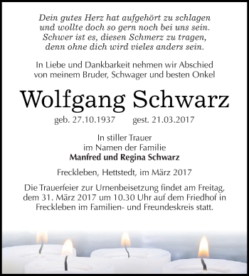 Traueranzeige von Wolfgang Schwarz von Super Sonntag SGH Mansf. Land