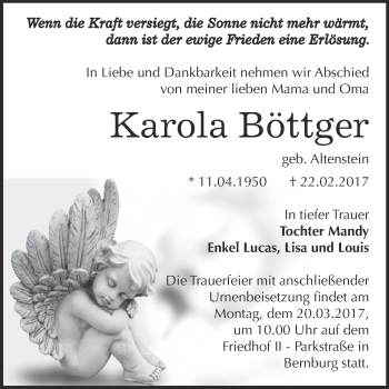 Traueranzeige von Karola Böttger von Super Sonntag Bernburg