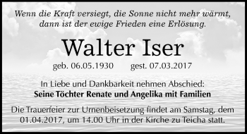 Traueranzeige von Walter Iser von Mitteldeutsche Zeitung Halle/Saalkreis