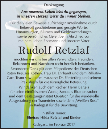 Traueranzeige von Rudolf Retzlaf von Mitteldeutsche Zeitung Köthen