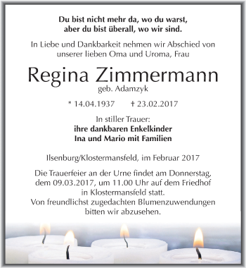 Traueranzeige von Regina Zimmermann von Mitteldeutsche Zeitung Mansfelder Land