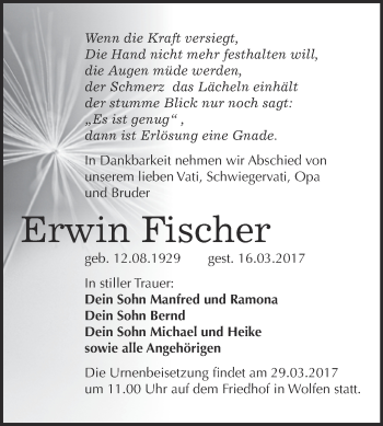 Traueranzeige von Erwin Fischer von WVG - Wochenspiegel Bitterfeld