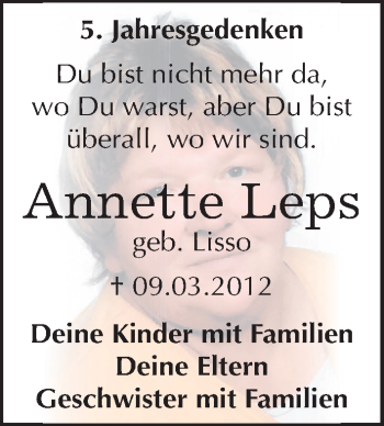 Traueranzeige von Annette Leps von Mitteldeutsche Zeitung Dessau-Roßlau