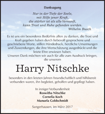Traueranzeige von Harry Nitschke von Mitteldeutsche Zeitung Sangerhausen