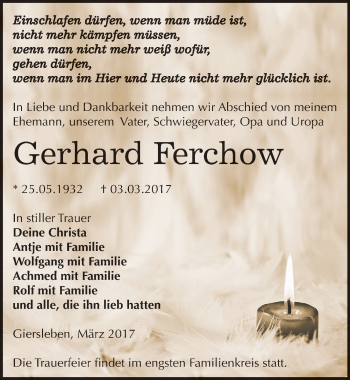 Traueranzeige von Gerhard Ferchow von Mitteldeutsche Zeitung Aschersleben