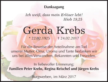 Traueranzeige von Gerda Krebs von Mitteldeutsche Zeitung Weißenfels